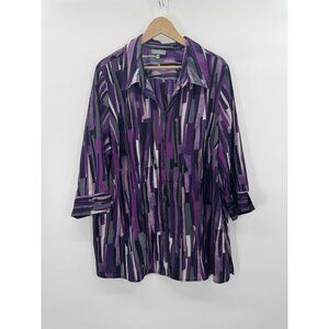 Essentials Womens 2X Blouse 3/4 Sleeve Button Down Geo Abstract Stretch Office